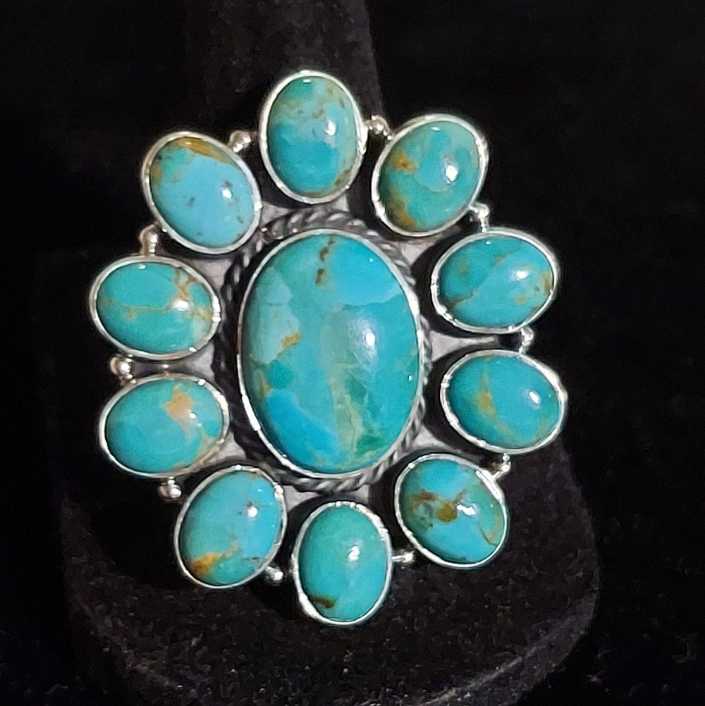 New HUGE Sterling Silver & Kingman Turquoise Cluster Adjustable Ring 6-11